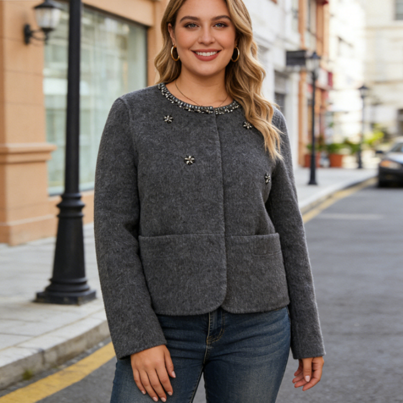 Graue Doubleface Tweed Jacke – Elegante Kurzjacke Meliert – Hochwertige Übergangsmode Damen – Frühling