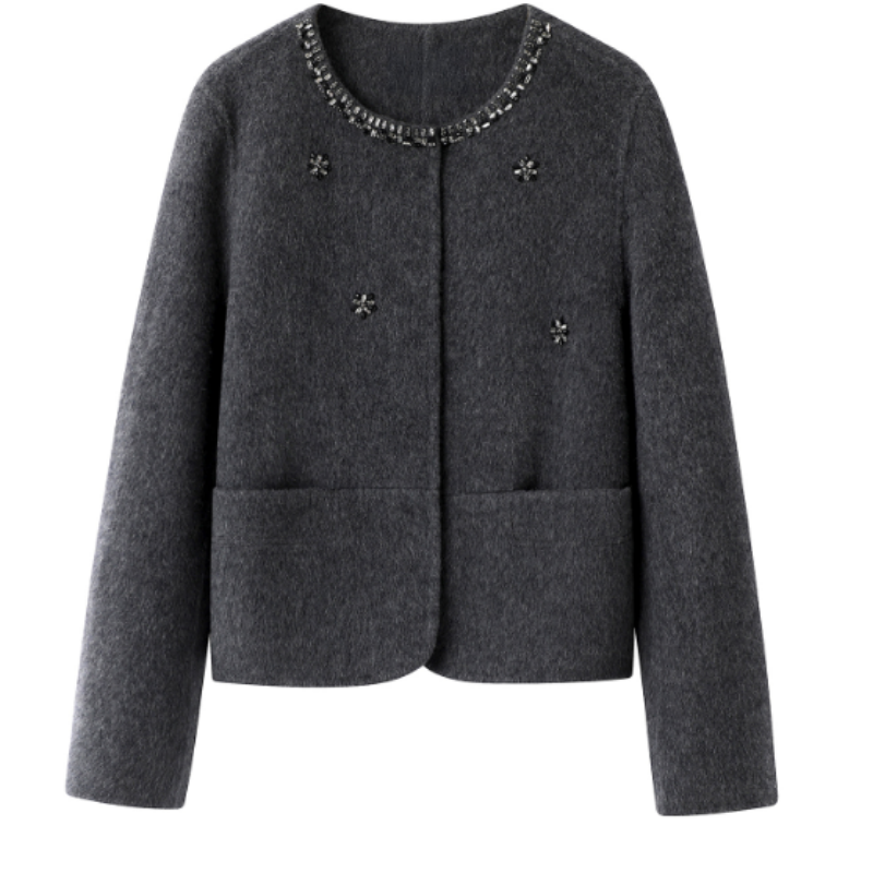 Graue Doubleface Tweed Jacke – Elegante Kurzjacke Meliert – Hochwertige Übergangsmode Damen – Frühling