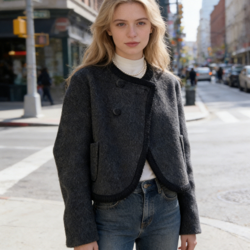 Schwarze Doubleface Wolljacke Damen – Elegante Kurzjacke aus Schurwolle – Hochwertige Übergangsjacke Frühling