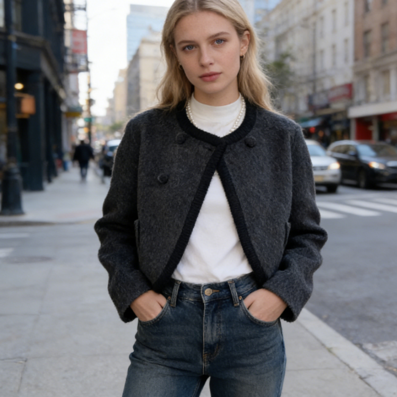 Schwarze Doubleface Wolljacke Damen – Elegante Kurzjacke aus Schurwolle – Hochwertige Übergangsjacke Frühling