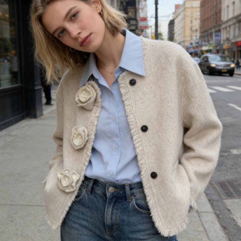 Weiße Doubleface Wolljacke mit Blüten-Fransen – Elegante Kurzjacke aus Schurwolle – Romantischer Look – Frühling