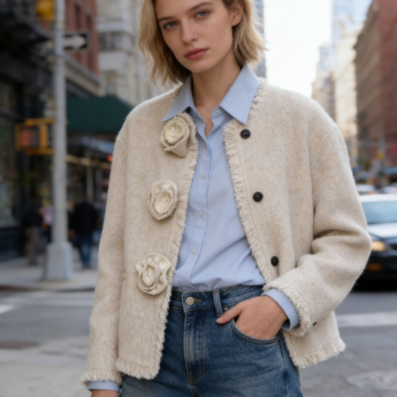 Weiße Doubleface Wolljacke mit Blüten-Fransen – Elegante Kurzjacke aus Schurwolle – Romantischer Look – Frühling