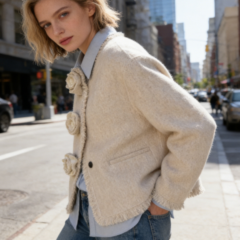 Weiße Doubleface Wolljacke mit Blüten-Fransen – Elegante Kurzjacke aus Schurwolle – Romantischer Look – Frühling