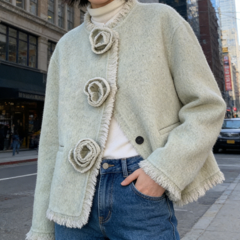 Minzgrün Doubleface Wolljacke mit Blüten-Fransen – Elegante Kurzjacke aus Schurwolle – Romantischer Look – Frühling