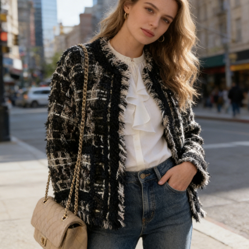 Bunte Tweed Jacke mit Fransen Damen – Elegante Kurzjacke aus Effektgarn – Vintage Look – Übergangsjacke Frühling