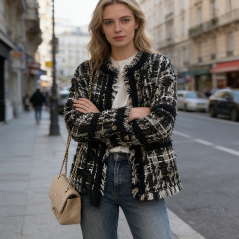 Bunte Tweed Jacke mit Fransen Damen – Elegante Kurzjacke aus Effektgarn – Vintage Look – Übergangsjacke Frühling