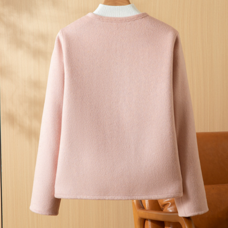 Rosa Tweed Jacke Damen Zweireiher – Elegante Rundhals Wolljacke im Old Money Look – Übergangsmantel Frühling