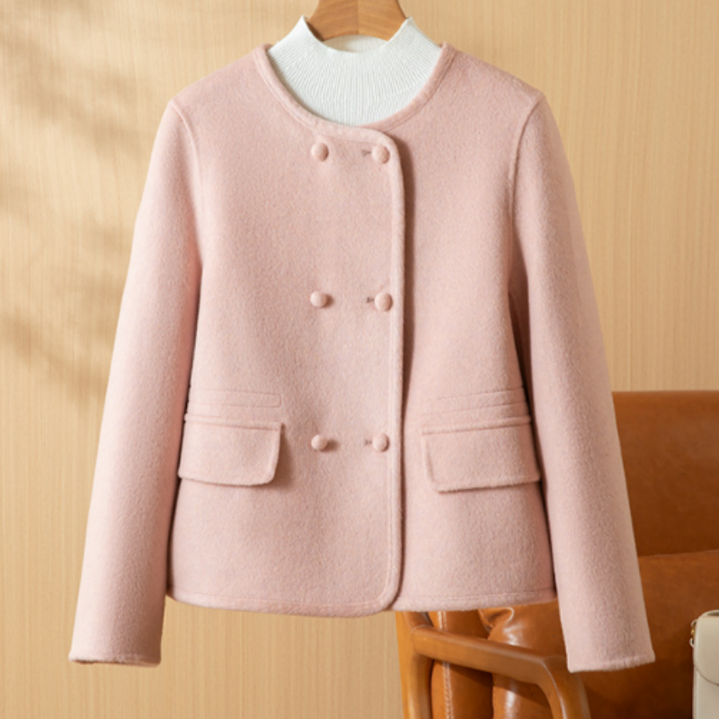 Rosa Tweed Jacke Damen Zweireiher – Elegante Rundhals Wolljacke im Old Money Look – Übergangsmantel Frühling