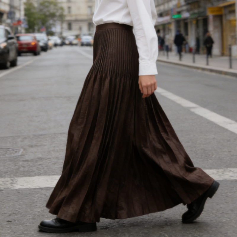 Eleganter Plissee-Midirock in Schokobraun | Fließender Stoff & Knitterfrei | Zeitlose A-Linie