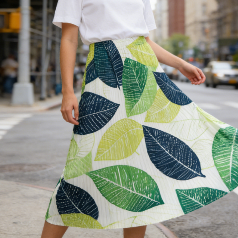 Eleganter Plissee-Midirock mit Botanik-Print | Fließender Fall & Knitterfrei | Hohe Taille & A-Linie