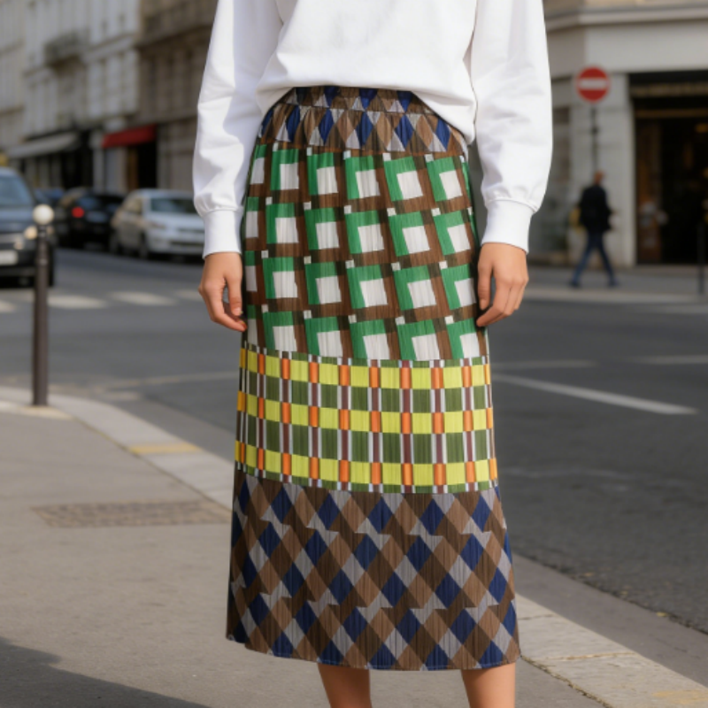 Moderner Plissee-Midirock mit Geometrie-Print | Fließender Fall & Knitterfrei | Hohe Taille & A-Linie
