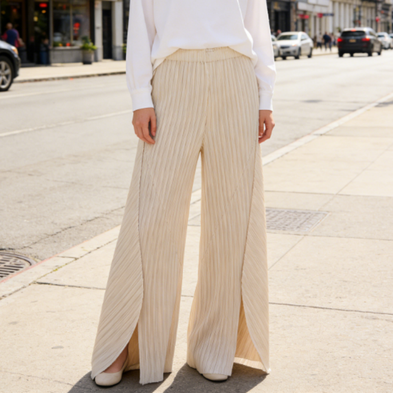 Elegante Plissee-Palazzohose mit Beinschlitz | Fließender Fall & Knitterfrei | Einfarbig & Edel