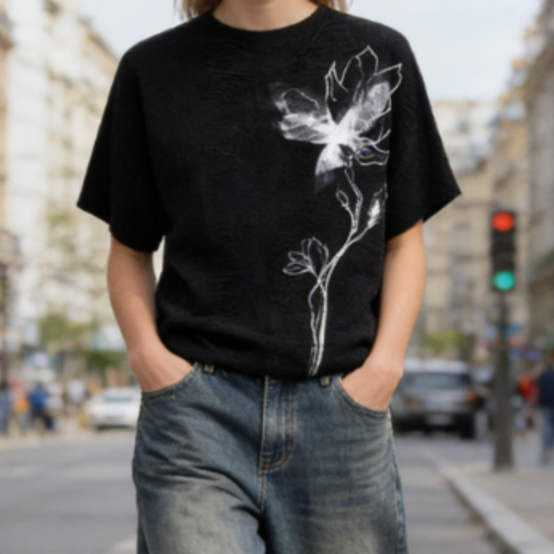 Struktur-Plissee-Top – Schmetterlingsmotiv | Fließende Weite & Bügelarm | Frühlings-Look