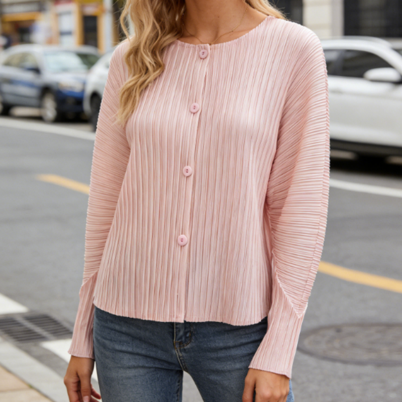 Damen Jacke mit Plissee-Struktur | Rosa Rundhals-Cardigan | Knitterfrei & Bügelarm | Lockerer Schnitt