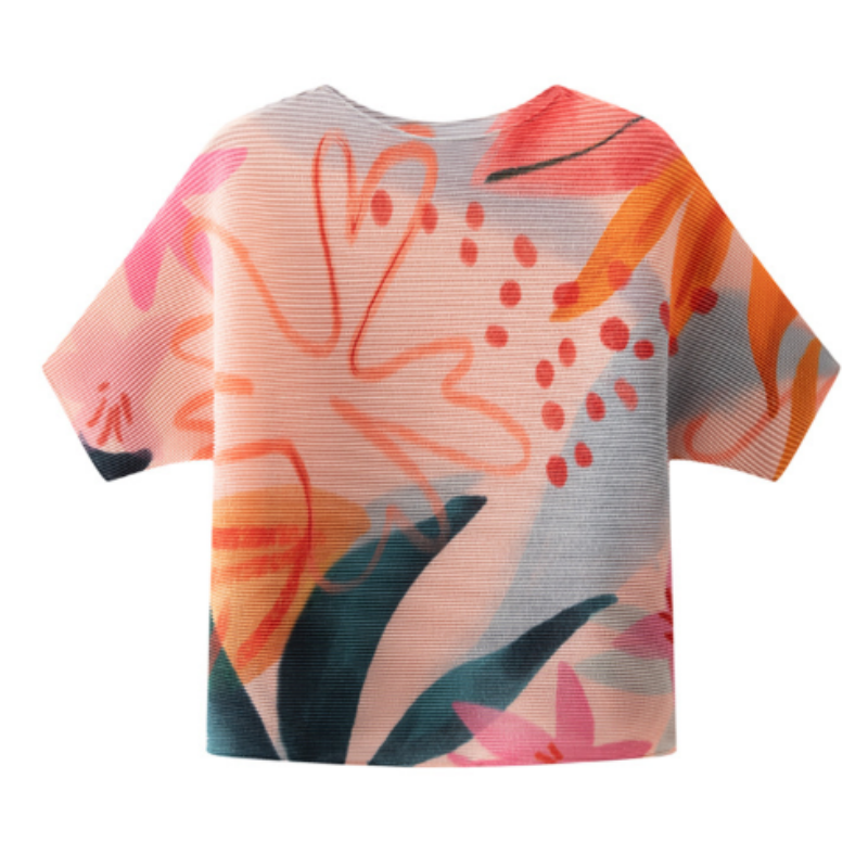 Buntes Plissee-T-Shirt mit abstraktem Floral-Print | Lockerer Schnitt | Knitterfrei & Bügelarm