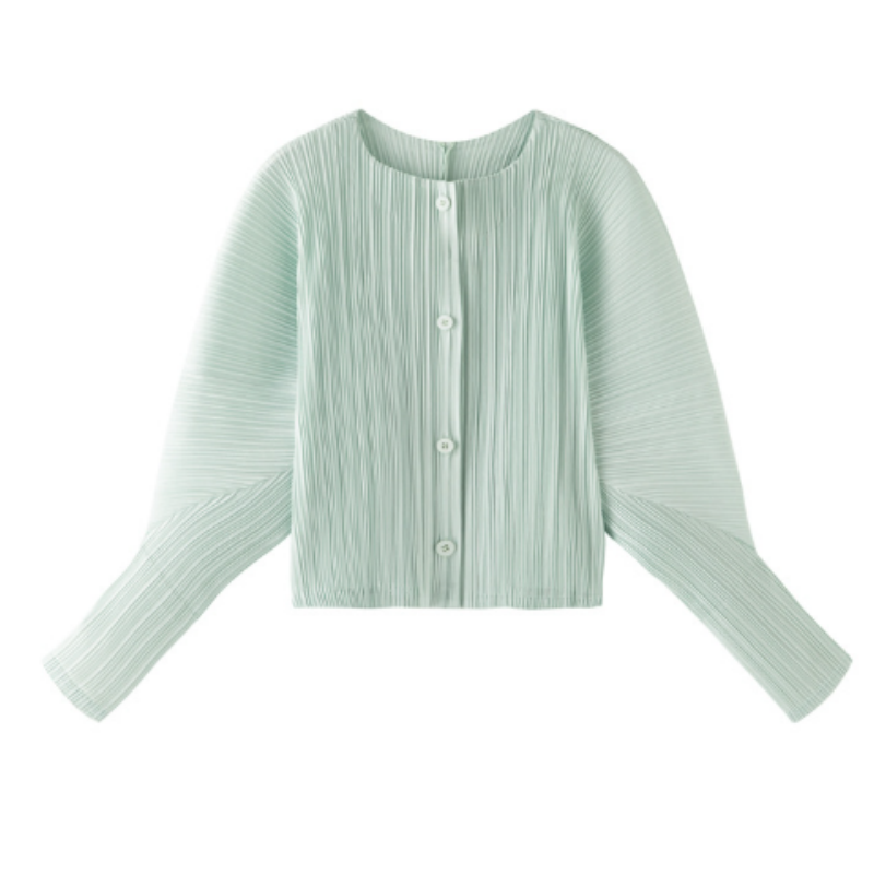Plissee-Cardigan in Minzgrün – Strukturierte Jacke | Rundhalsausschnitt & Fledermausärmel | Frühlings-Look