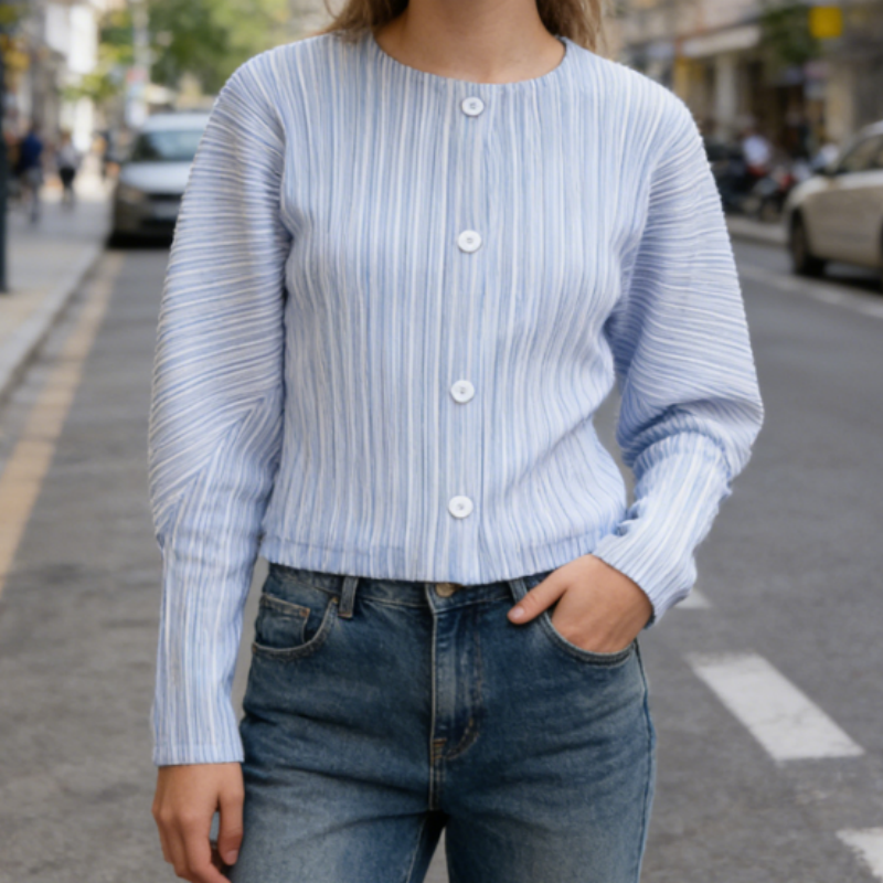 Plissee-Cardigan in Minzgrün – Strukturierte Jacke | Rundhalsausschnitt & Fledermausärmel | Frühlings-Look