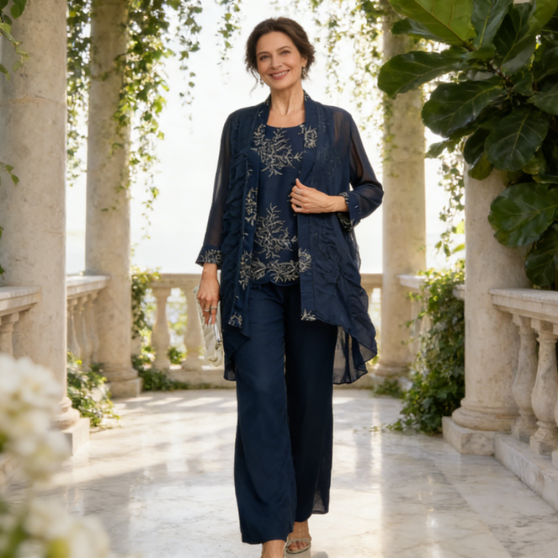 Festliches Marineblaues Hosenanzug-Set für Damen - 3-Teilig: Pailletten-Top, Chiffon-Mantel & Hose, Für Brautmutter & Besondere Anlässe