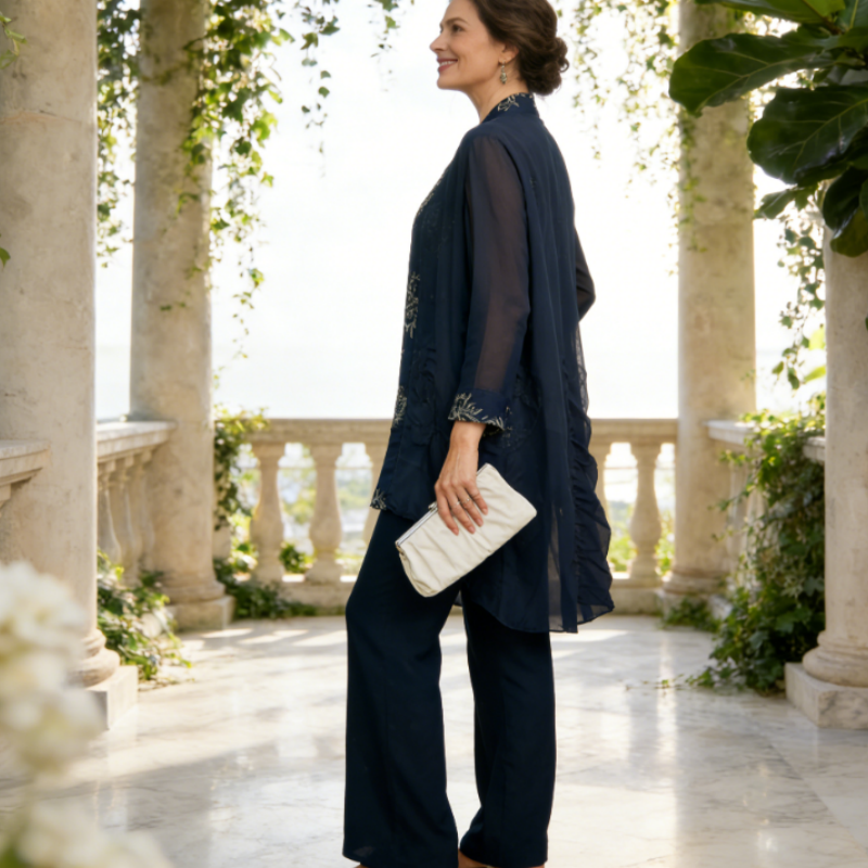Festliches Marineblaues Hosenanzug-Set für Damen - 3-Teilig: Pailletten-Top, Chiffon-Mantel & Hose, Für Brautmutter & Besondere Anlässe