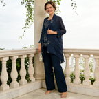 Festliches Marineblaues Hosenanzug-Set für Damen - 3-Teilig: Pailletten-Top, Chiffon-Mantel & Hose, Für Brautmutter & Besondere Anlässe