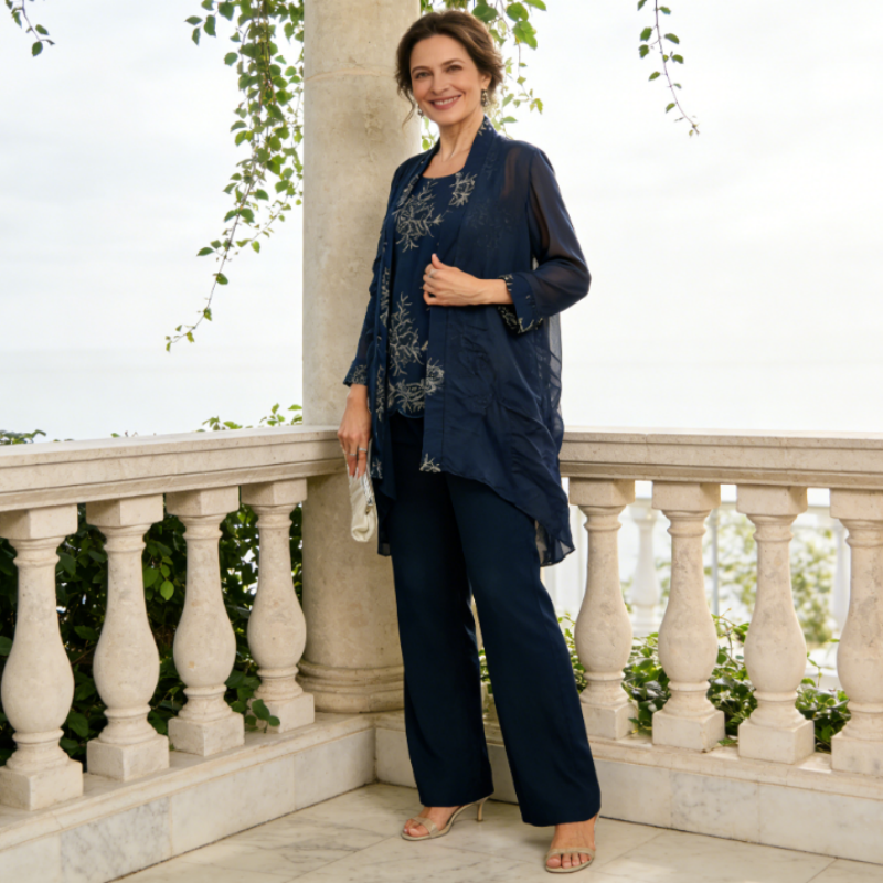 Festliches Marineblaues Hosenanzug-Set für Damen - 3-Teilig: Pailletten-Top, Chiffon-Mantel & Hose, Für Brautmutter & Besondere Anlässe