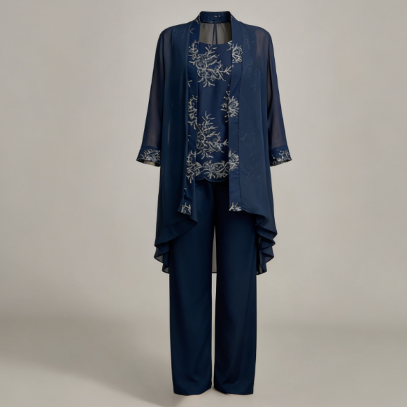 Festliches Marineblaues Hosenanzug-Set für Damen - 3-Teilig: Pailletten-Top, Chiffon-Mantel & Hose, Für Brautmutter & Besondere Anlässe