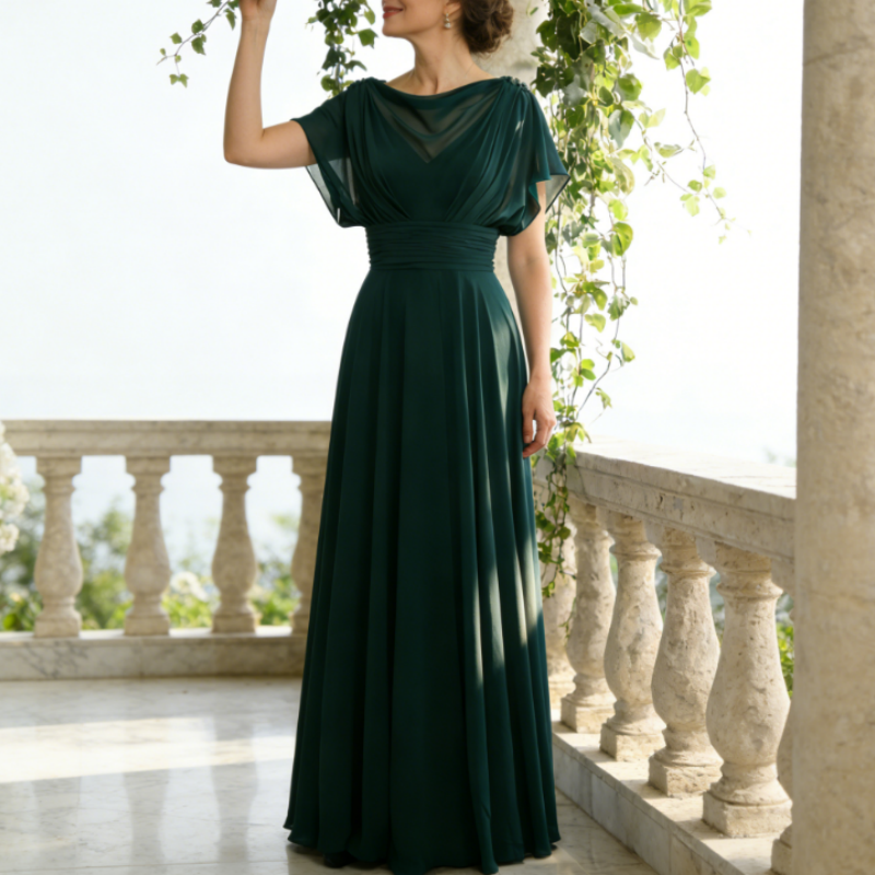 Elegantes Abendkleid für Brautmutter - A-Linie Chiffon-Maxikleid mit Drapierter Corsage & Ärmeln, Smaragdgrün