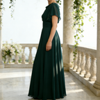 Elegantes Abendkleid für Brautmutter - A-Linie Chiffon-Maxikleid mit Drapierter Corsage & Ärmeln, Smaragdgrün
