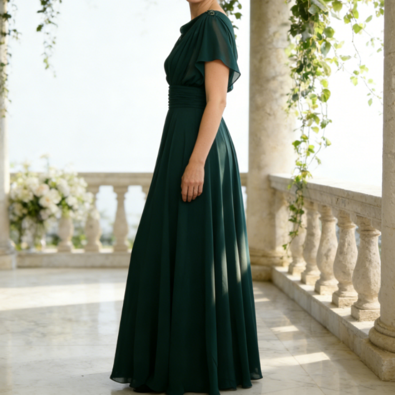 Elegantes Abendkleid für Brautmutter - A-Linie Chiffon-Maxikleid mit Drapierter Corsage & Ärmeln, Smaragdgrün