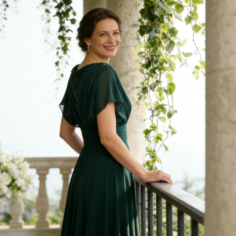 Elegantes Abendkleid für Brautmutter - A-Linie Chiffon-Maxikleid mit Drapierter Corsage & Ärmeln, Smaragdgrün