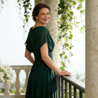 Elegantes Abendkleid für Brautmutter - A-Linie Chiffon-Maxikleid mit Drapierter Corsage & Ärmeln, Smaragdgrün