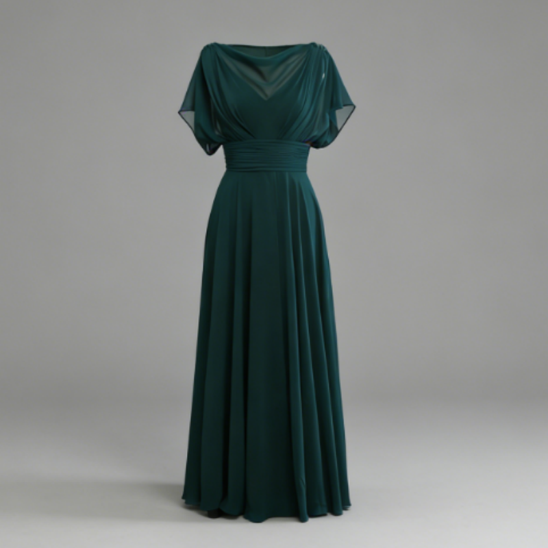 Elegantes Abendkleid für Brautmutter - A-Linie Chiffon-Maxikleid mit Drapierter Corsage & Ärmeln, Smaragdgrün