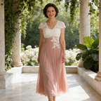Elegantes Midi-Abendkleid für Brautmutter – Pastellrosa Chiffon mit weißer Spitzen-Applikation & V-Ausschnitt