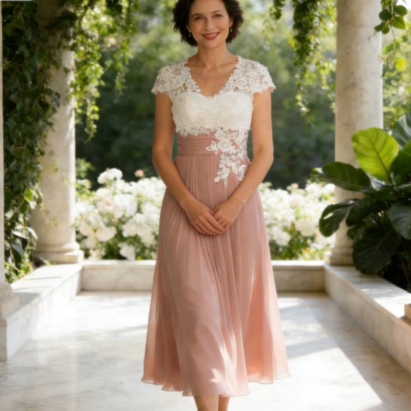 Elegantes Midi-Abendkleid für Brautmutter – Pastellrosa Chiffon mit weißer Spitzen-Applikation & V-Ausschnitt