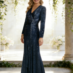 Funkelndes Abendkleid für Brautmutter – Langarm-Maxikleid mit Pailletten & V-Ausschnitt, Marineblau