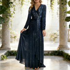 Funkelndes Abendkleid für Brautmutter – Langarm-Maxikleid mit Pailletten & V-Ausschnitt, Marineblau