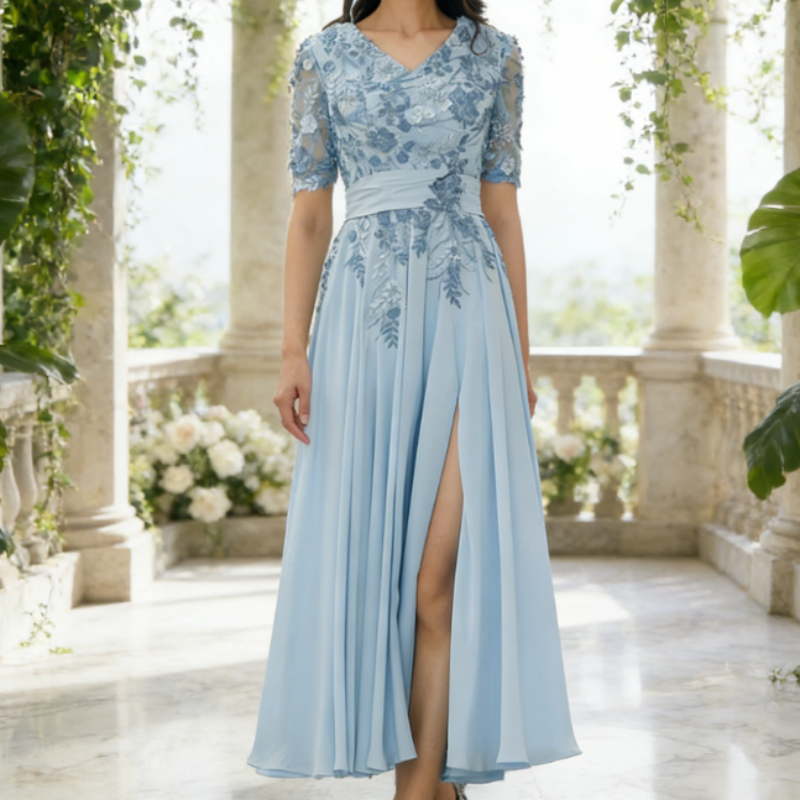 Stilvolles Chiffon-Abendkleid in Eisblau - V-Ausschnitt & florale Bestickung für den perfekten Auftritt