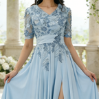 Stilvolles Chiffon-Abendkleid in Eisblau - V-Ausschnitt & florale Bestickung für den perfekten Auftritt