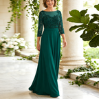 Elegantes Abendkleid für Brautmutter - A-Linie Maxikleid mit Spitzen-Oberteil & 3/4 Ärmeln, Smaragdgrün