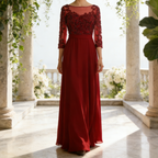 Elegantes Abendkleid für Brautmutter - A-Linie Maxikleid mit Spitzen-Oberteil & 3/4 Ärmeln, Smaragdgrün