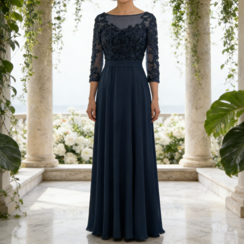 Elegantes Abendkleid für Brautmutter - A-Linie Maxikleid mit Spitzen-Oberteil & 3/4 Ärmeln, Smaragdgrün