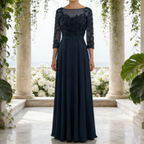 Elegantes Abendkleid für Brautmutter - A-Linie Maxikleid mit Spitzen-Oberteil & 3/4 Ärmeln, Smaragdgrün