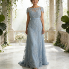 Elegantes Maxikleid in Staubblau mit Spitzen-Oberteil – Bodenlange Chiffon-Robe für festliche Anlässe