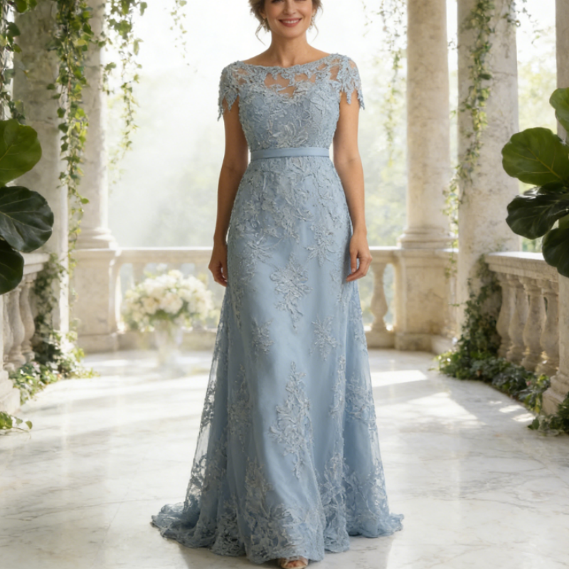 Elegantes Maxikleid in Staubblau mit Spitzen-Oberteil – Bodenlange Chiffon-Robe für festliche Anlässe