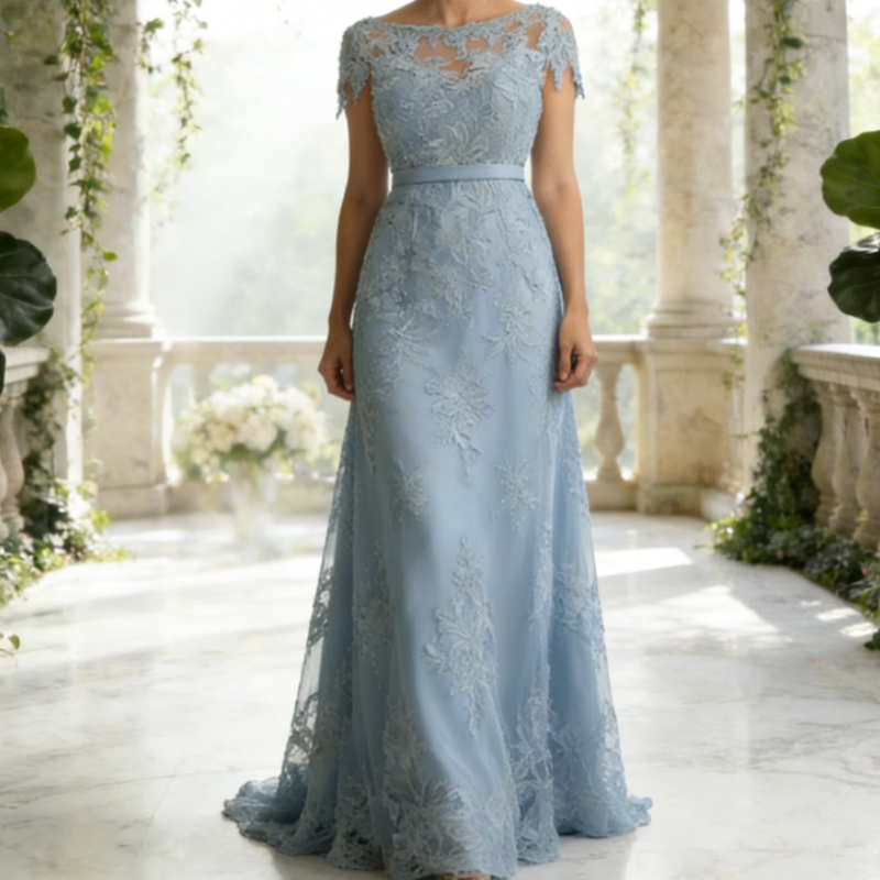 Elegantes Maxikleid in Staubblau mit Spitzen-Oberteil – Bodenlange Chiffon-Robe für festliche Anlässe