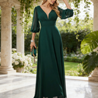 Elegantes Bodenlanges Abendkleid aus Chiffon – Tiefem V-Ausschnitt & Laternenärmeln – Festliches Maxikleid