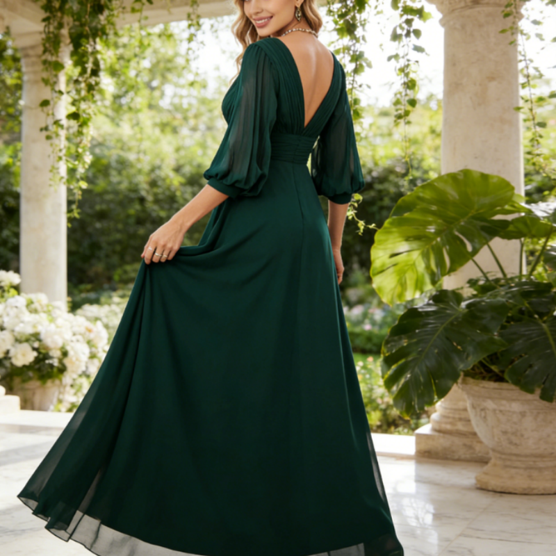 Elegantes Bodenlanges Abendkleid aus Chiffon – Tiefem V-Ausschnitt & Laternenärmeln – Festliches Maxikleid