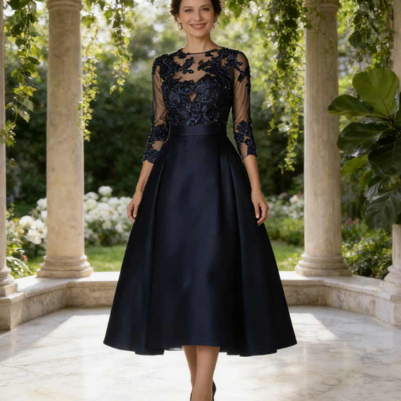Elegantes Abendkleid mit Bestickter Spitze & 3/4 Ärmeln – Stilvolles Satin-Festkleid mit Spitzensaum