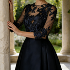 Elegantes Abendkleid mit Bestickter Spitze & 3/4 Ärmeln – Stilvolles Satin-Festkleid mit Spitzensaum