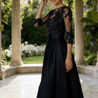 Elegantes Abendkleid mit Bestickter Spitze & 3/4 Ärmeln – Stilvolles Satin-Festkleid mit Spitzensaum